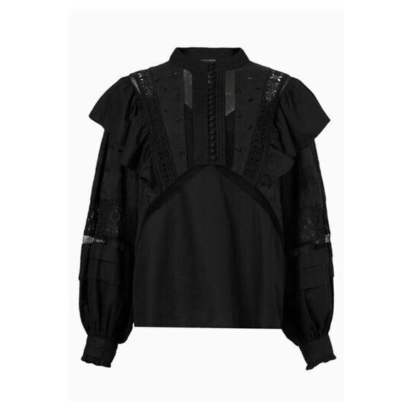 AllSaints Black Prim Broderie Eyelet Ruffled Bubble Sleeves Top Size 4 - Picture 5 of 15